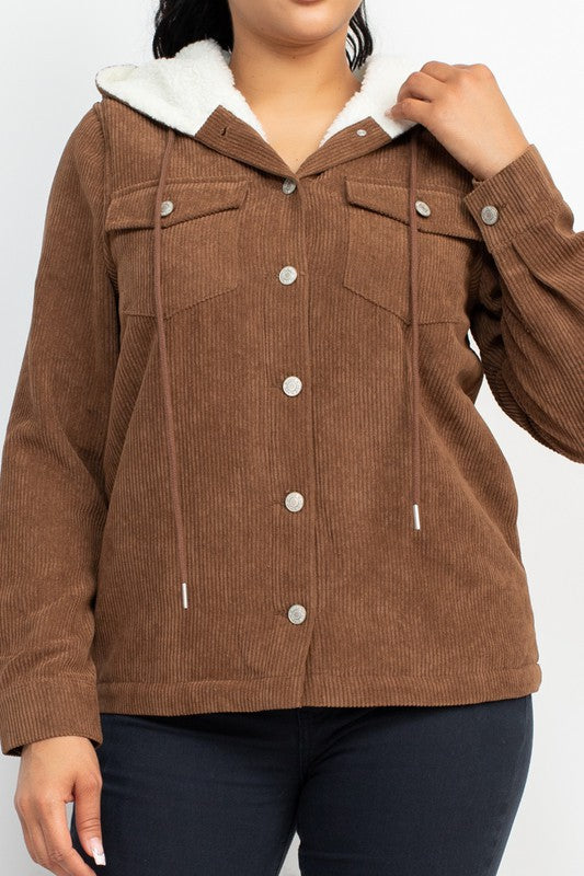 Brown Corduroy Faux Fur Hoodie  Jacket