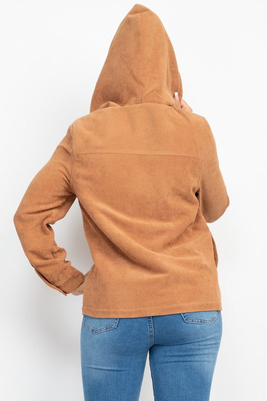 Corduroy Faux Fur Hoodie Buttoned Jacket