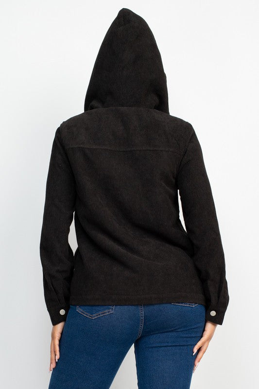 Black Corduroy Faux Fur Hoodie Jacket