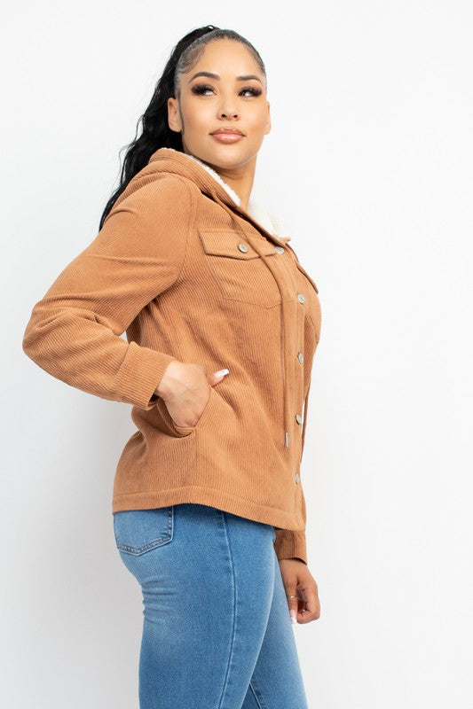 Corduroy Faux Fur Hoodie Buttoned Jacket
