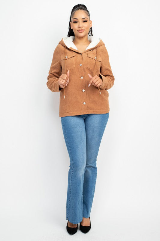 Corduroy Faux Fur Hoodie Buttoned Jacket