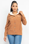 Corduroy Faux Fur Hoodie Buttoned Jacket