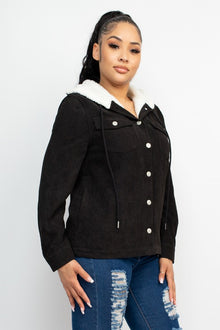  Black Corduroy Faux Fur Hoodie Jacket