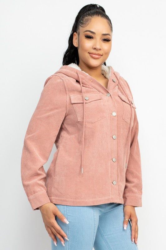 Mauve Corduroy Faux Fur Hoodie Jacket