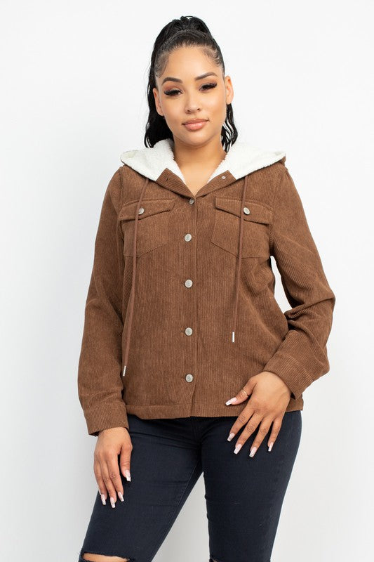 Brown Corduroy Faux Fur Hoodie  Jacket