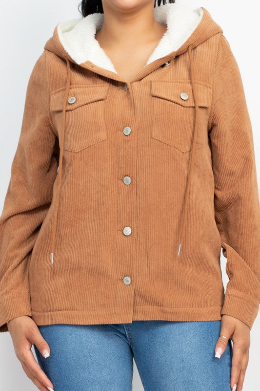 Corduroy Faux Fur Hoodie Buttoned Jacket