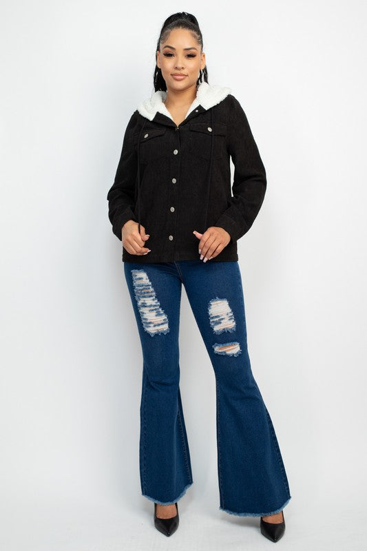 Black Corduroy Faux Fur Hoodie Jacket