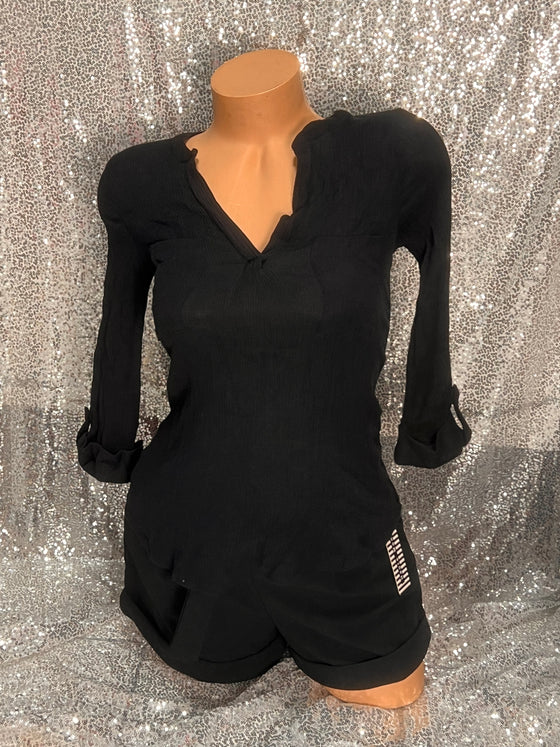 V Neck Black Button Blouse