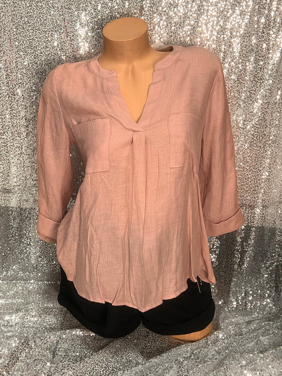 V Neck Blush Button Blouse