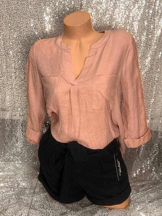 V Neck Blush Button Blouse